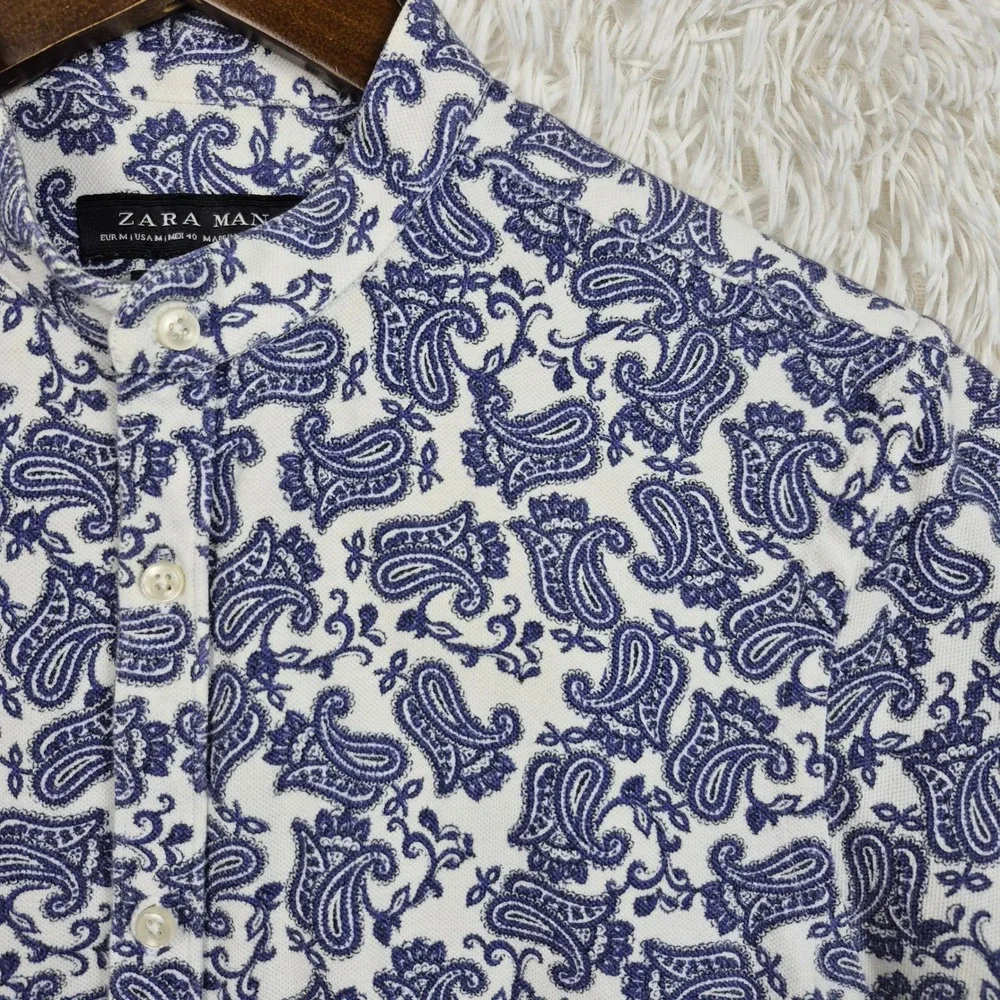 Zara Man Blue Paisley Band Collar Slim Fit Short Sleeve Shirt Mens Medium